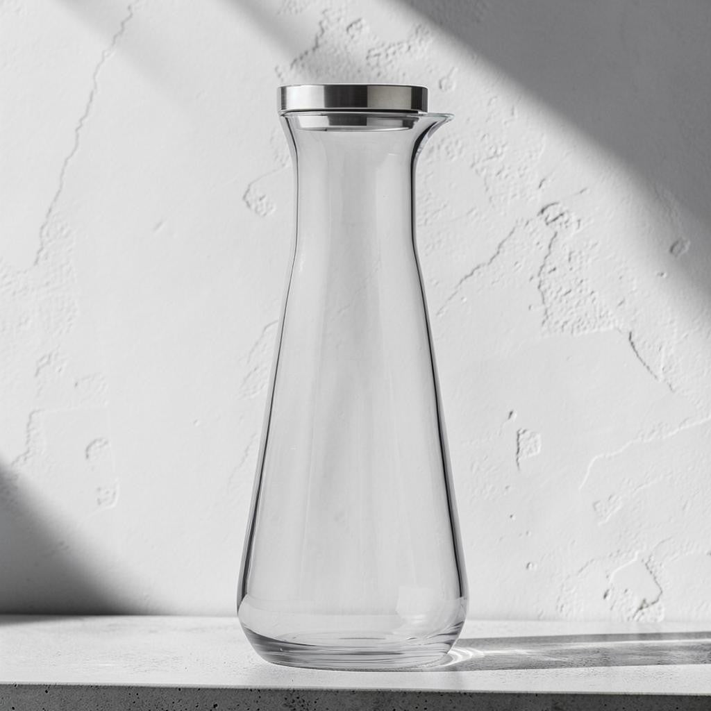 Rhoomy Nordic Borosilicate Glass Carafe with Stainless Steel Lid - Sleek Heat-Resistant Pitcher for Iced Tea, Water, and Wine